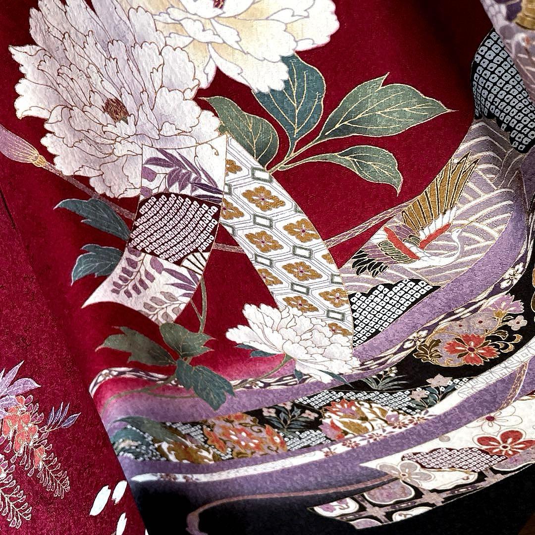 振袖フルセット　手描き友禅　のしめ牡丹　成人式振袖　振袖　裄丈69 赤系