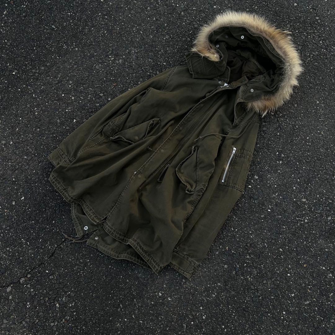 ダブルジップ グランジ ファー付きモッズコート ミリタリー アメカジ