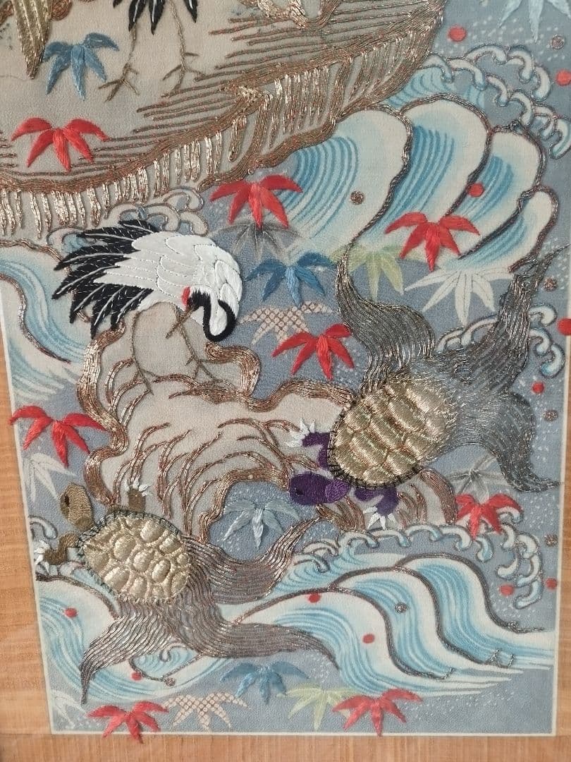 あああ　縁起物 鶴亀 刺繍 打掛 額装 和風インテリア アンティーク
