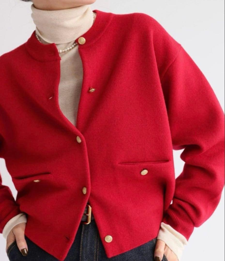 美品✨イエナ ダブルフェイスニットカーディガン 金ボタン 赤