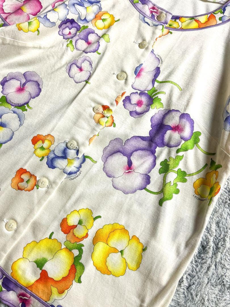 【LEONARD】レオナール 綿100% 花柄 総柄 半袖 トリムカーディガン